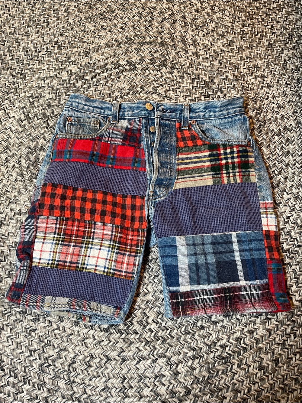 Levi's Patchwork Plaid Denim Shorts - Red & Blue